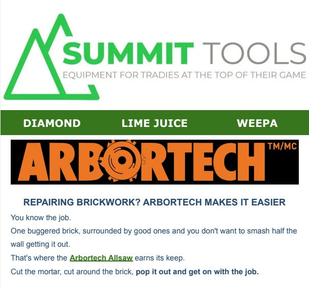Promotional graphic for the Arbortech Allsaw brick repair tool by Summit Tools, featuring the Summit Tools logo, a green and orange Arbortech banner, and descriptive text on a white background.
