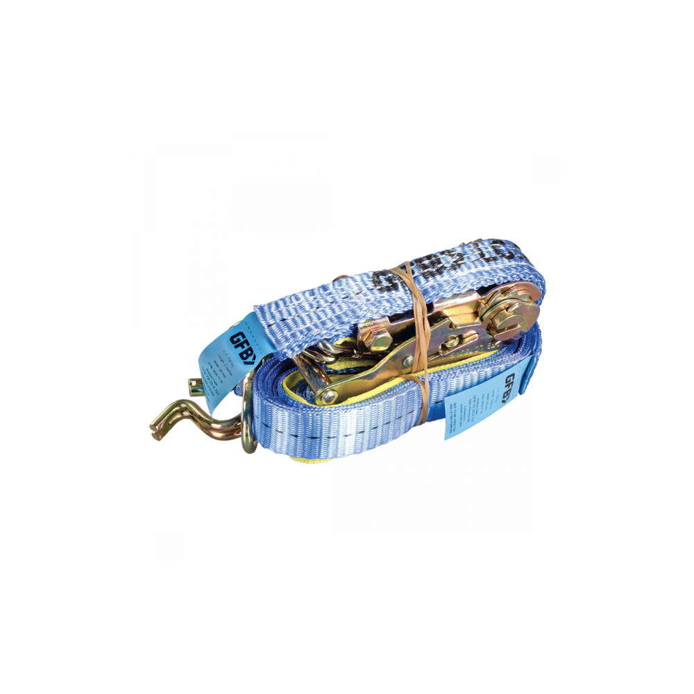 Blue ratchet strap with gold ratchets on a white background