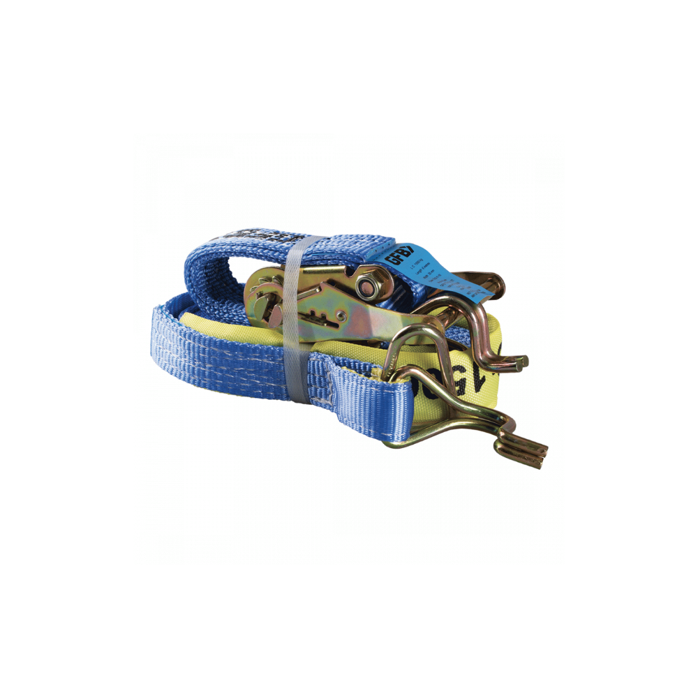 Blue ratchet strap with metal ratchets on a white background
