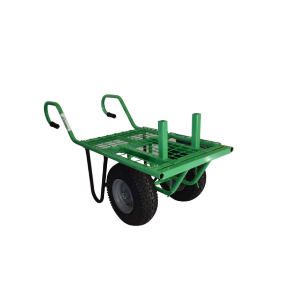 Green utility cart for carting bricks on a white background