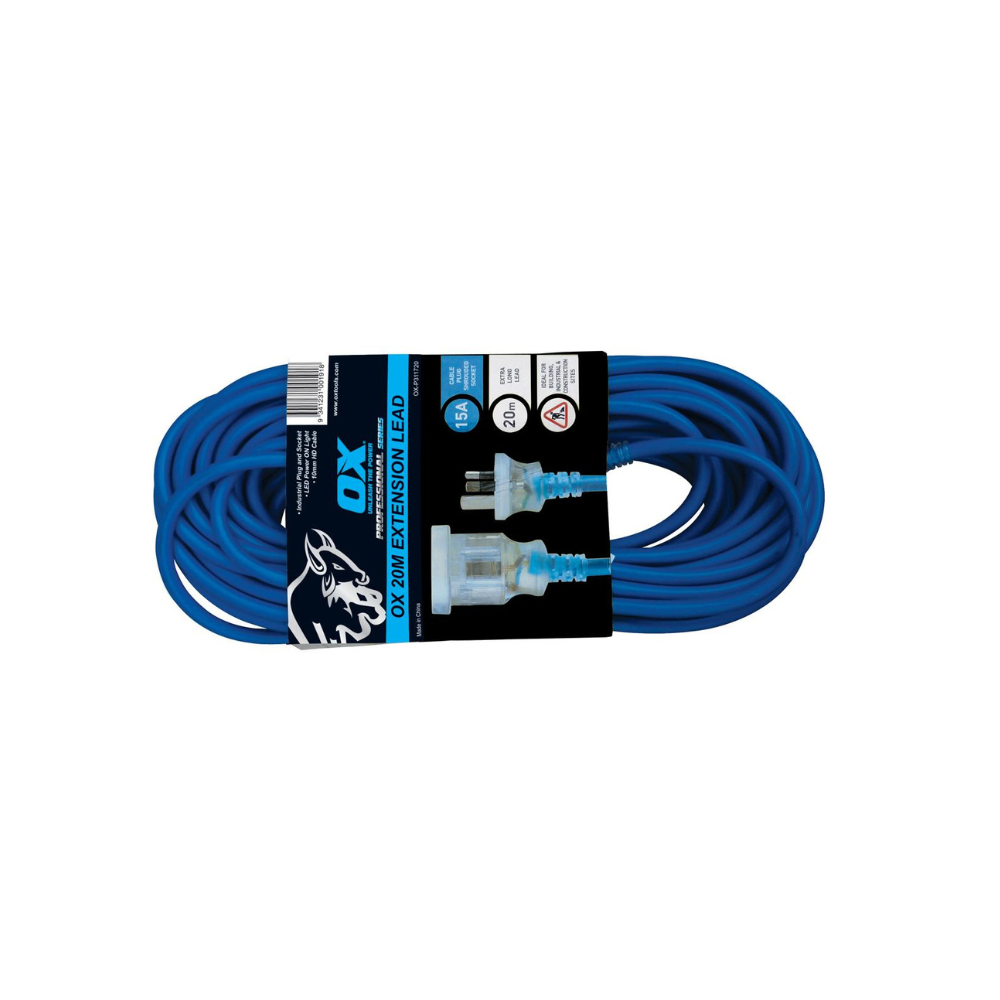 Blue extension cord with packaging on a white background