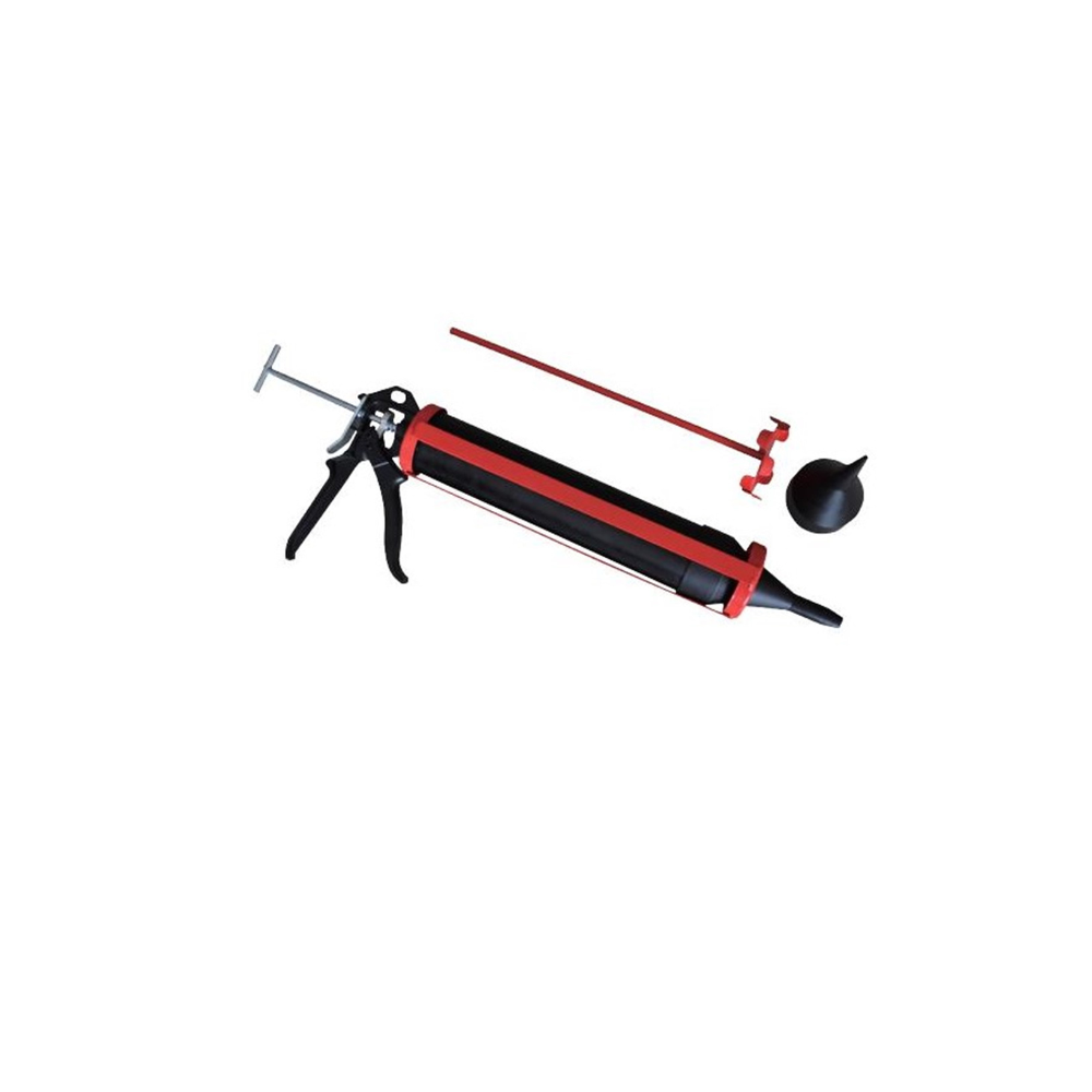 Black and red grout or mortar gun on a white background