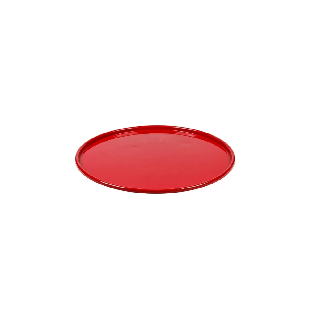 Red round metal tray for bricklayers on a white background