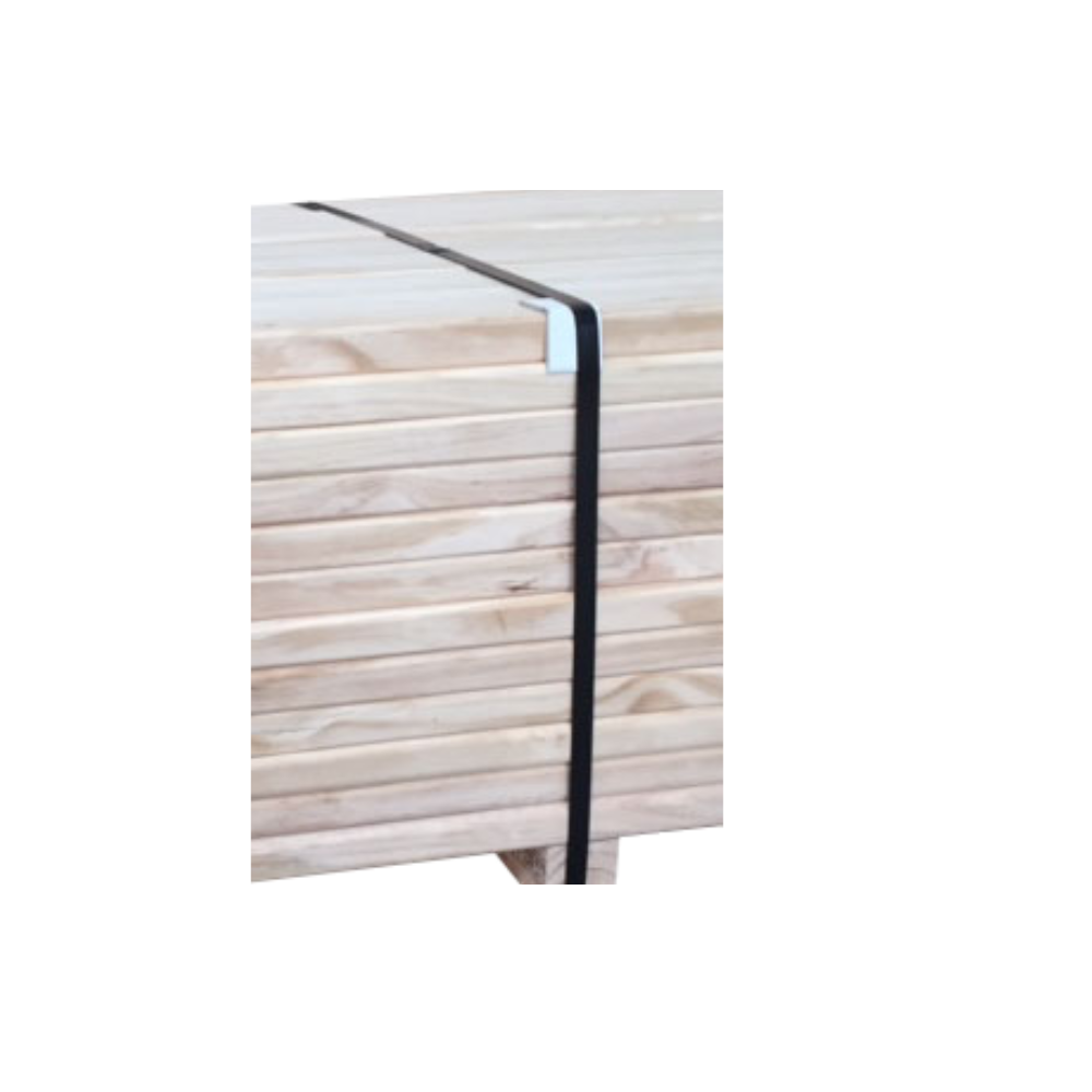 Stack of wooden planks with a black strap on a white background